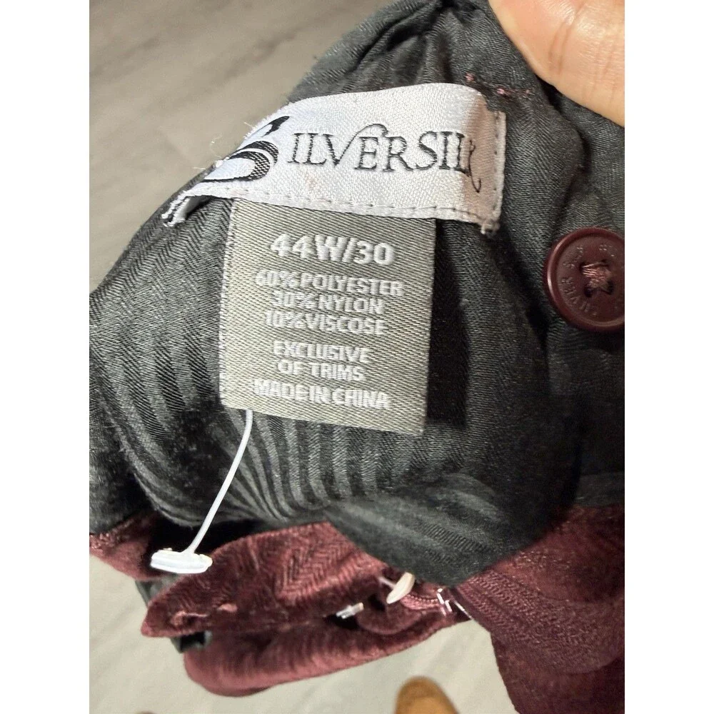 Silver Silk Men’s Burgundy Herringbone 3-Piece Suit Jacket, Vest, 44x30 Pants